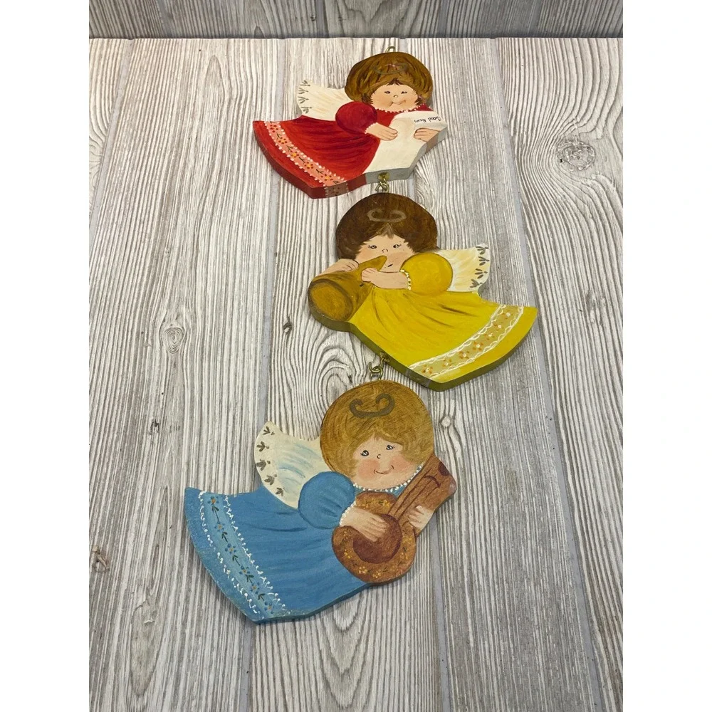 Vintage Hand Painted Wooden Angel Ornaments Set of 3 Folk Art Christmas Decor
